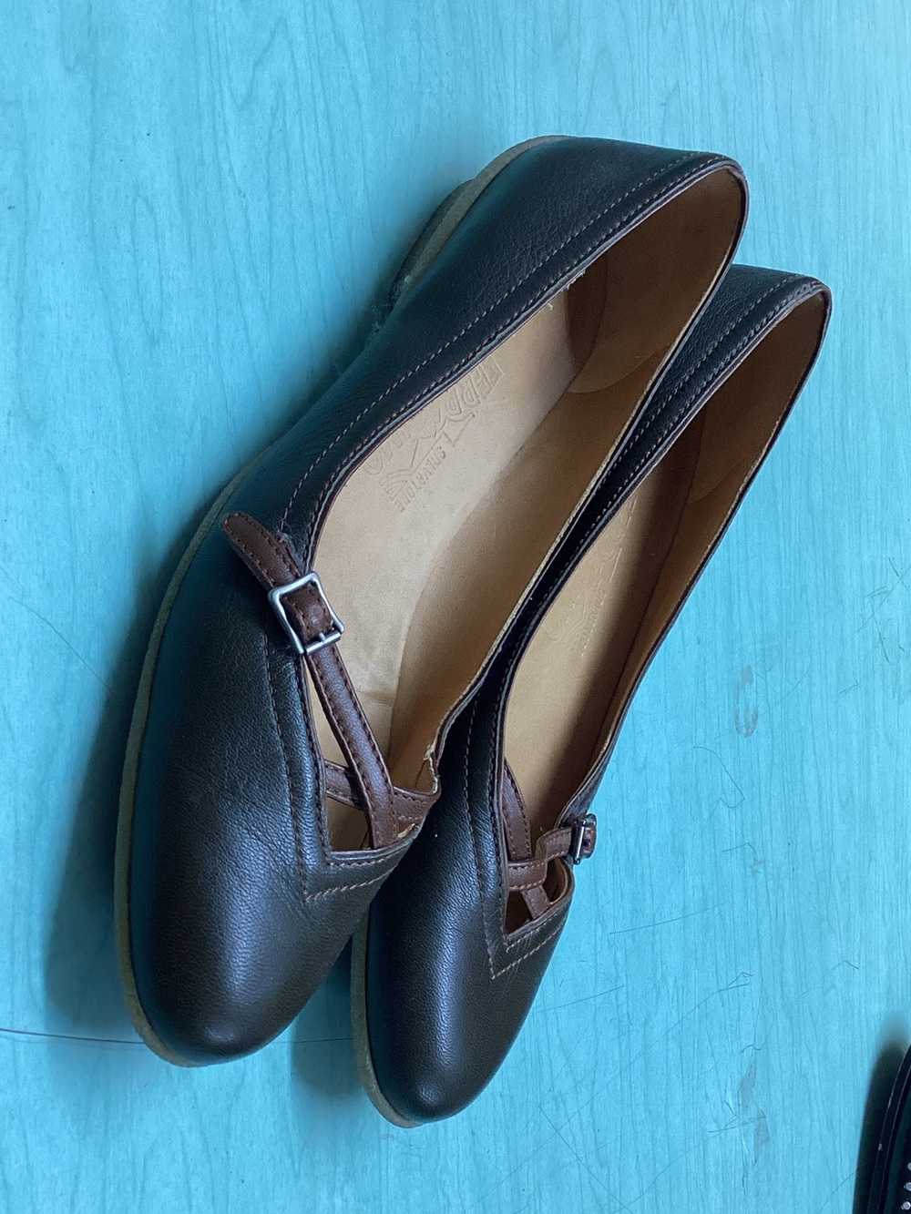 Salvatore Ferragamo Green Leather Loafers with Brown Accents